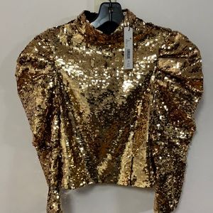 Alice And Olivia Brenna Sequin Puff-Sleeve Crop Top in gold